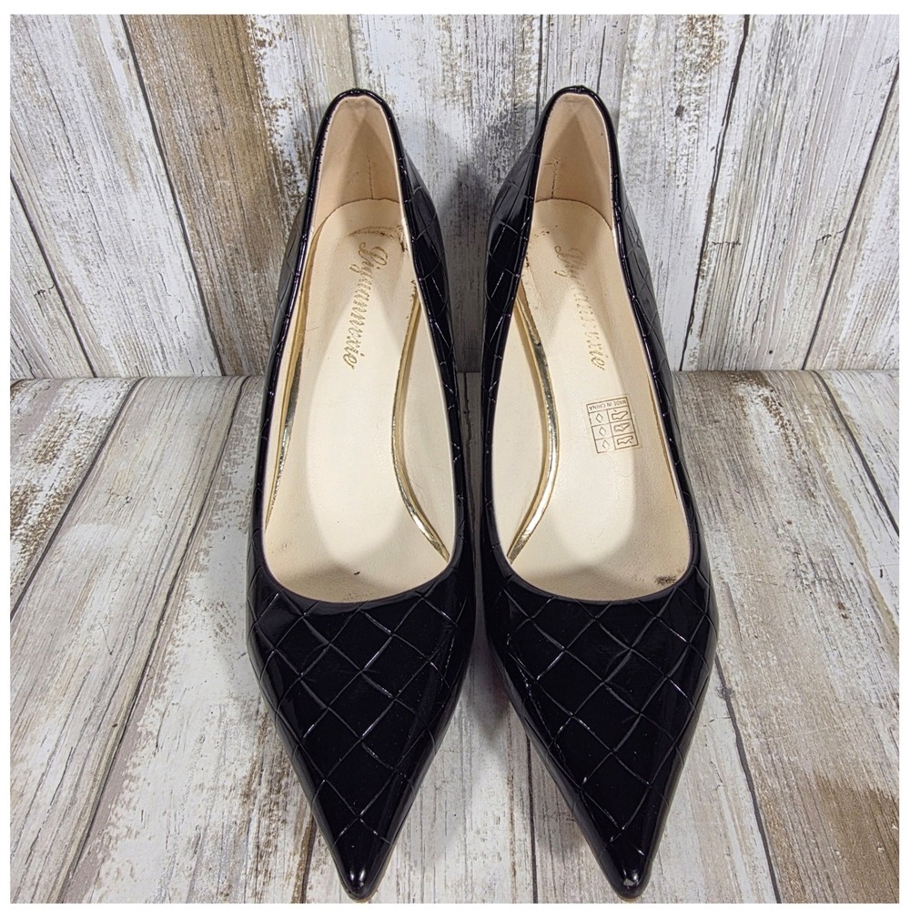 Liyuanmexie Black Quilted Patent Pointed Toe Pump Gold Accent Heel Size 41 US 10 - Picture 2 of 8